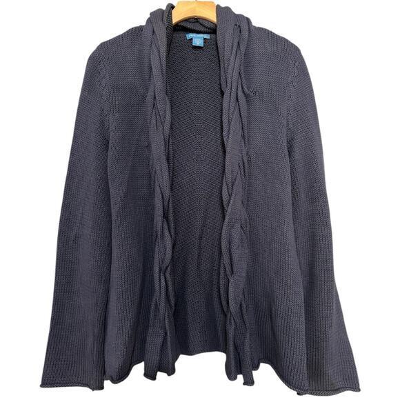 White + Warren Women’s M Blue Cotton Sweater Knit Braided Front Open Cardigan - Picture 1 of 6
